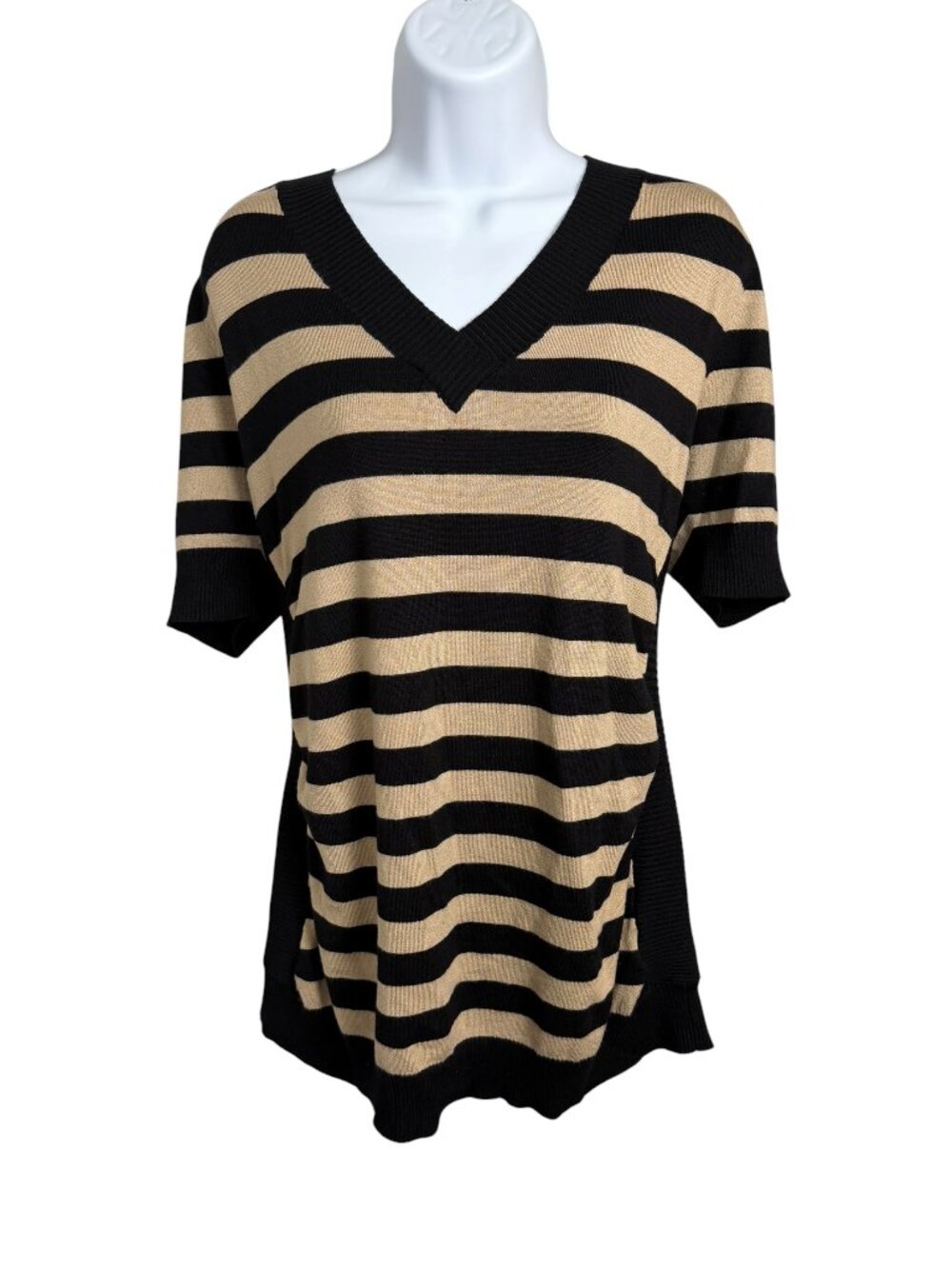 Metaphor Striped Tunic Sweater XL Black Camel V Neck Ruched Sides